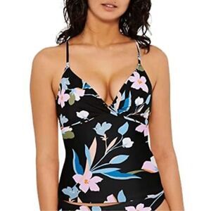 Hula Honey Floral Plunge Tankini Swim Top Black Size XS Juniors NWT